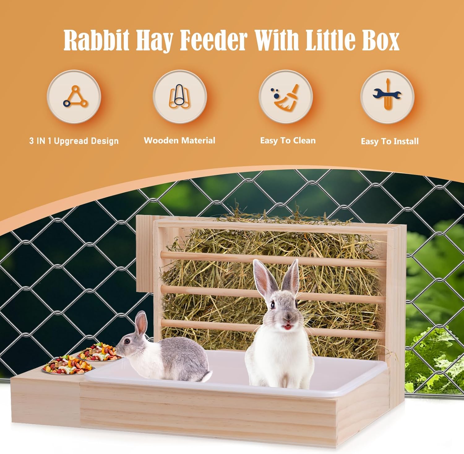 Rabbit Hay Feeder with Litter Box 3 in 1 Wooden Bunny Feeder No Waste Hay Holder Rack with 2 Bowls and Litter Box for Small Animal Guinea Pig Hamster Chinchilla