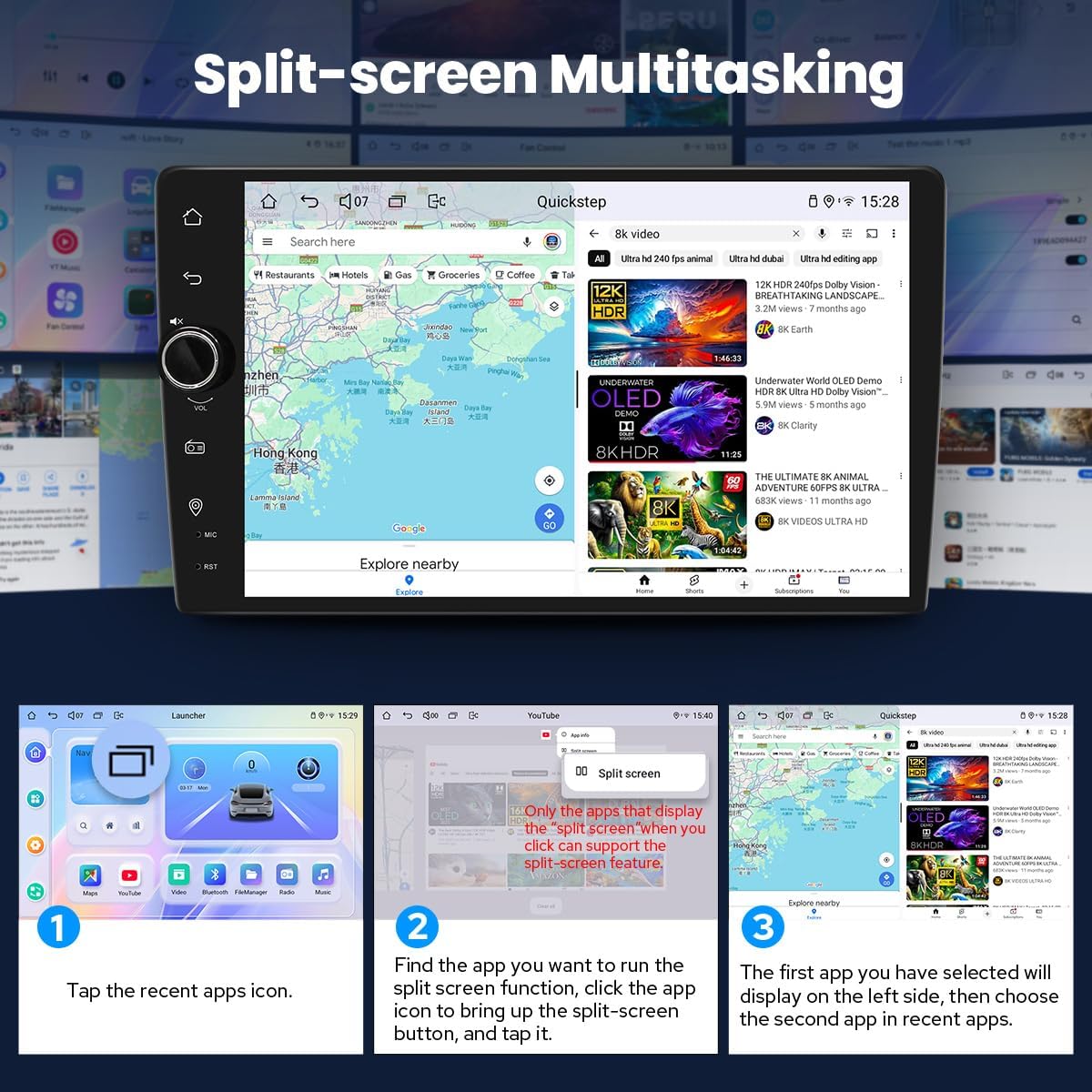 Instructions for using split-screen multitasking on the car stereo