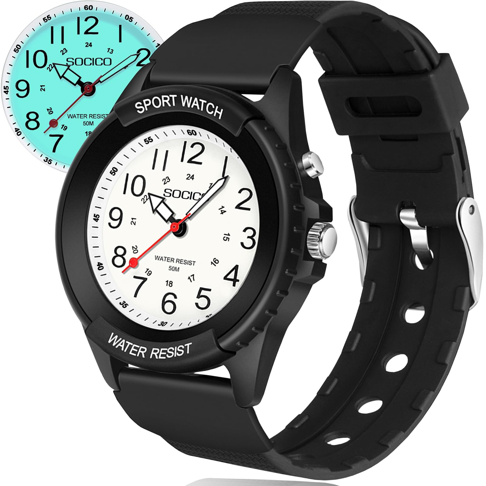 PROKING Orologio da infermiere impermeabile per professionisti medici, donne e uomini, 24 ore con lancetta dei secondi, luce notturna, quadrante militare facile da leggere, cinturino in silicone