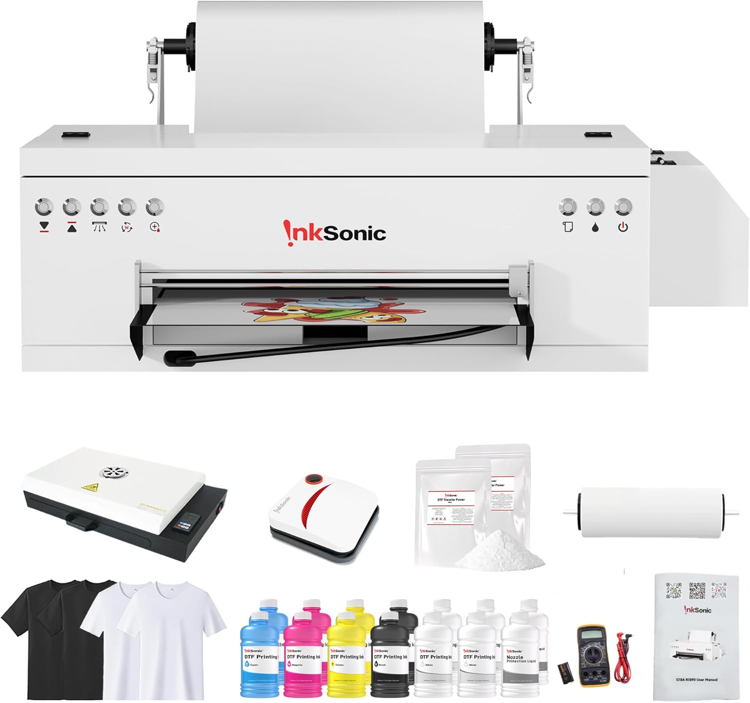 C13A DTF Printer Bundle, A3 DTF R1390 Transfer Machine for Tshirt Printing with Oven, Film Cutter, One-Click Ink Setup, White Ink Circulation & Auto Cleaning, Versatile Fabric Printing