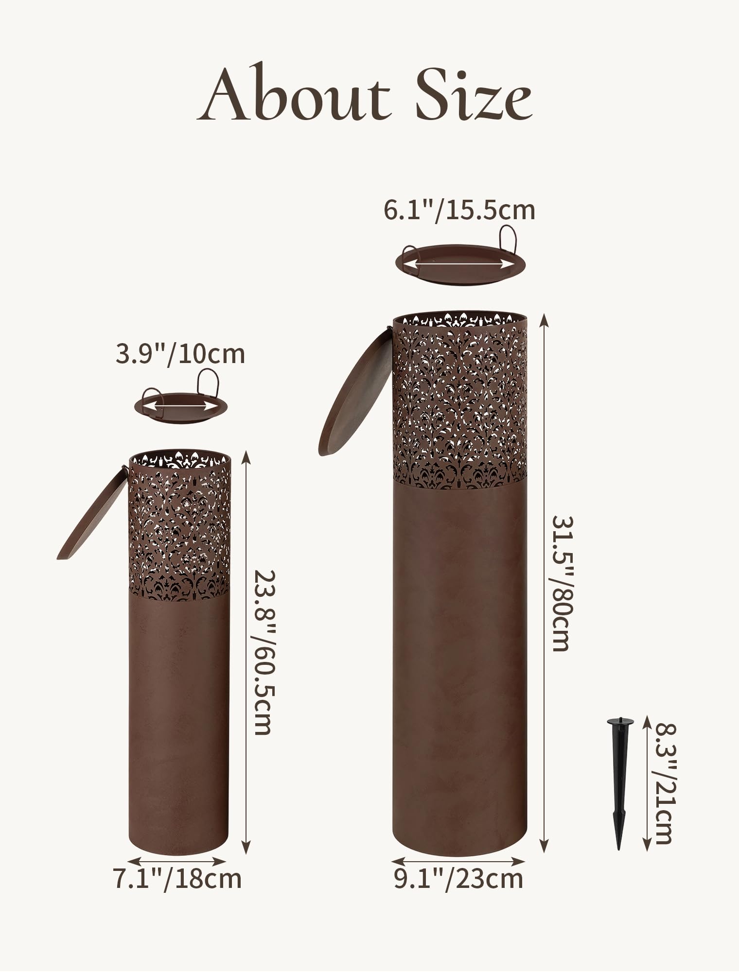 Bougeoir Grande Extérieur pour Jardin: 80/60,5 cm Lampadaires Colonne Rouillé avec 21cm Piquet pour Decoration Terrasse Entrée Salon - 2 Pcs Lanternes en Métal pour Bougies Piliers