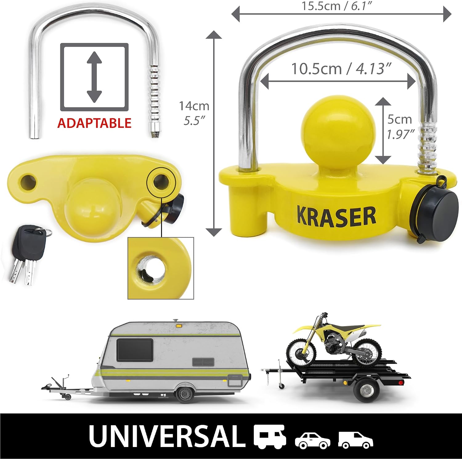 KRASER KR815 Trailer Coupler Lock, Anti-Picking Anti-Drilling Curved High Security Key, Heavy Duty Reinforced Steel, Bright Yellow More Deterrent, Adjustable Storage Security, Trailer Locks Ball Hitch