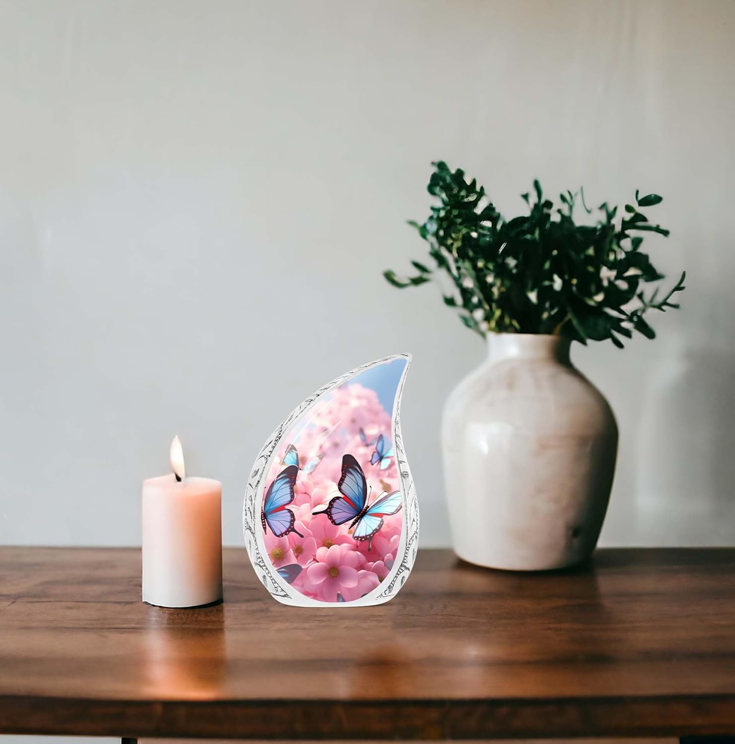 Pink Flower & Butterfly Small Teardrop Keepsake Urns for Human Ashes Male & Female - Cremation Urn Human Adult Ashes - Small Urn Ashes Keepsake - Urn for Human Ashes Adult (Size 3 Inch)