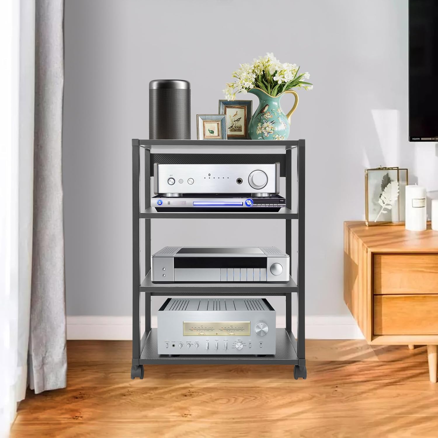 4-Tier AV Media Stand, Stereo Components Storage Cabinet, Movable Audio Rack Tower Player Stand for Living/Gaming/Recording Room