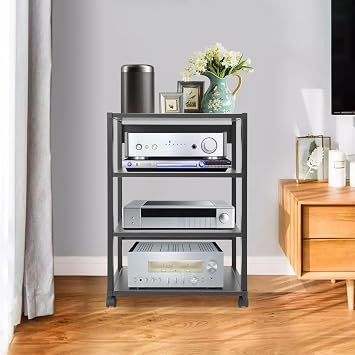 4-Tier AV Media Stand, Stereo Components Storage Cabinet, Movable Audio Rack Tower Player Stand for Living/Gaming/Recording Room
