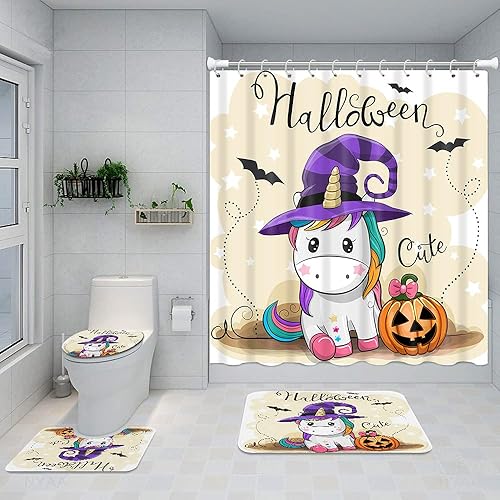 Miniatura 2 de Britimes Juego de 4 cortinas de ducha de unicornio con alfombras, juego de baño con alfombra antideslizante, tapa de inodoro y 12 ganchos, 72 x 72