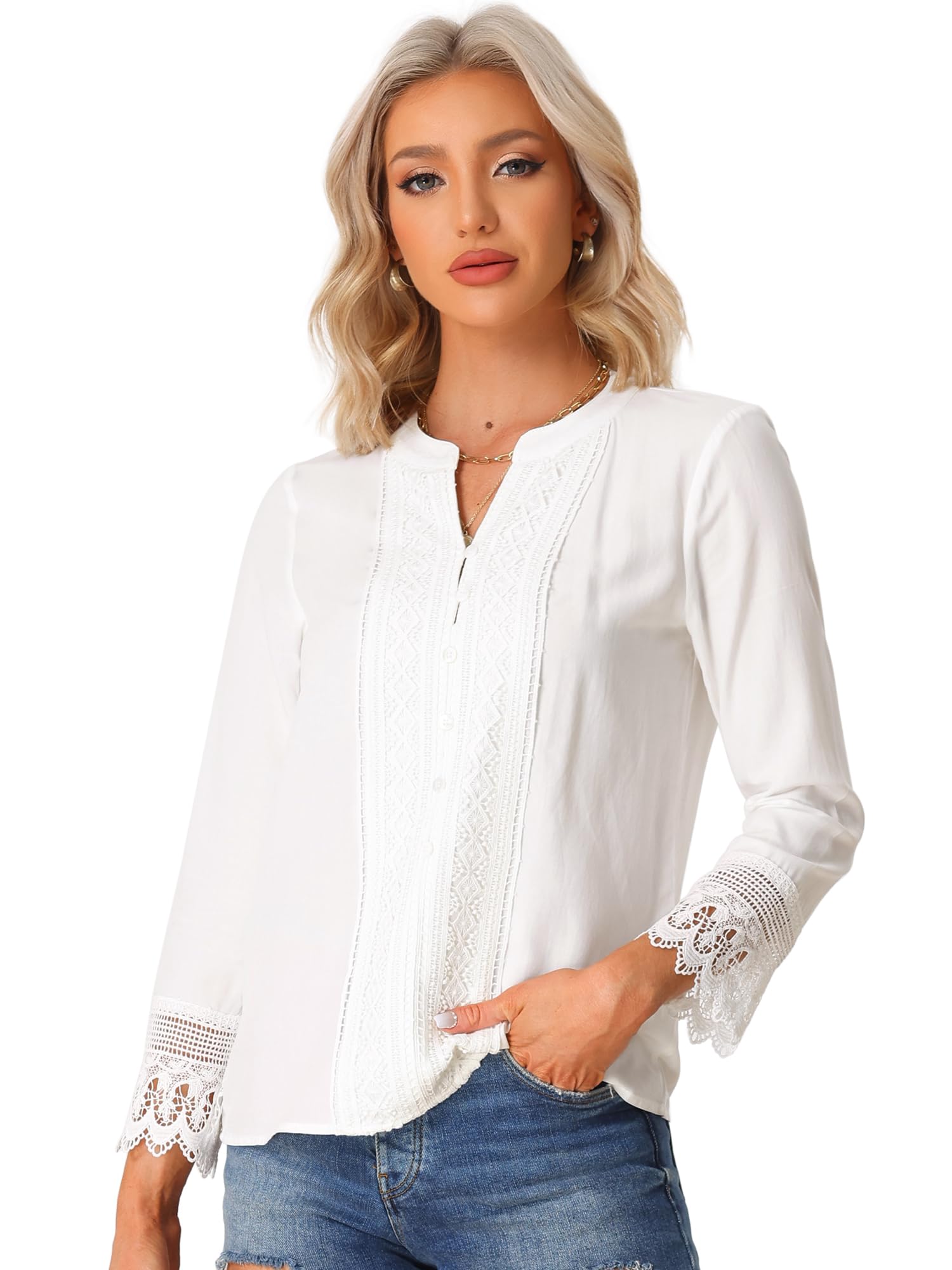 Allegra K Mujer Blusa Boho Tapeta De Medio Botón Y Manga Larga De Encaje De Ganchillo