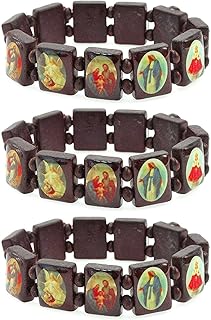 Unisex Religious Wooden Bracelet, Assorted Images Saints, Jesus, Angels Rosary, Stretchable Adjustable Bracelet, Catholic Jewelry Gift, Brown, 3 Piece