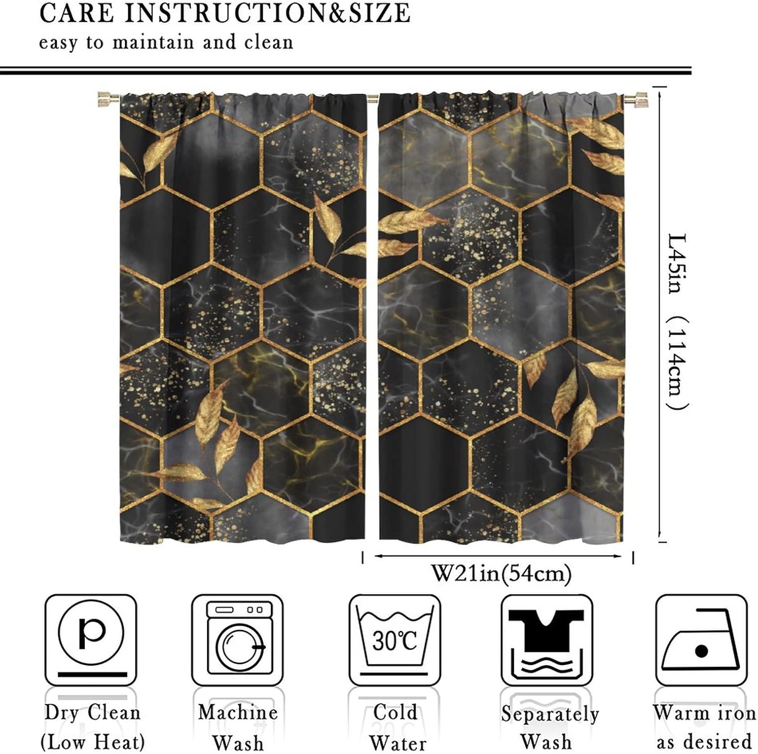 Marble Blackout Curtain,Dark Grey Abstract Geometry Hexagon Pattern Texture Yellow Leaves Art Golden Foil Texture Rod Pocket Curtain for Boys Girls Bedroom Living Room Window Drapes 42" Wx45 L