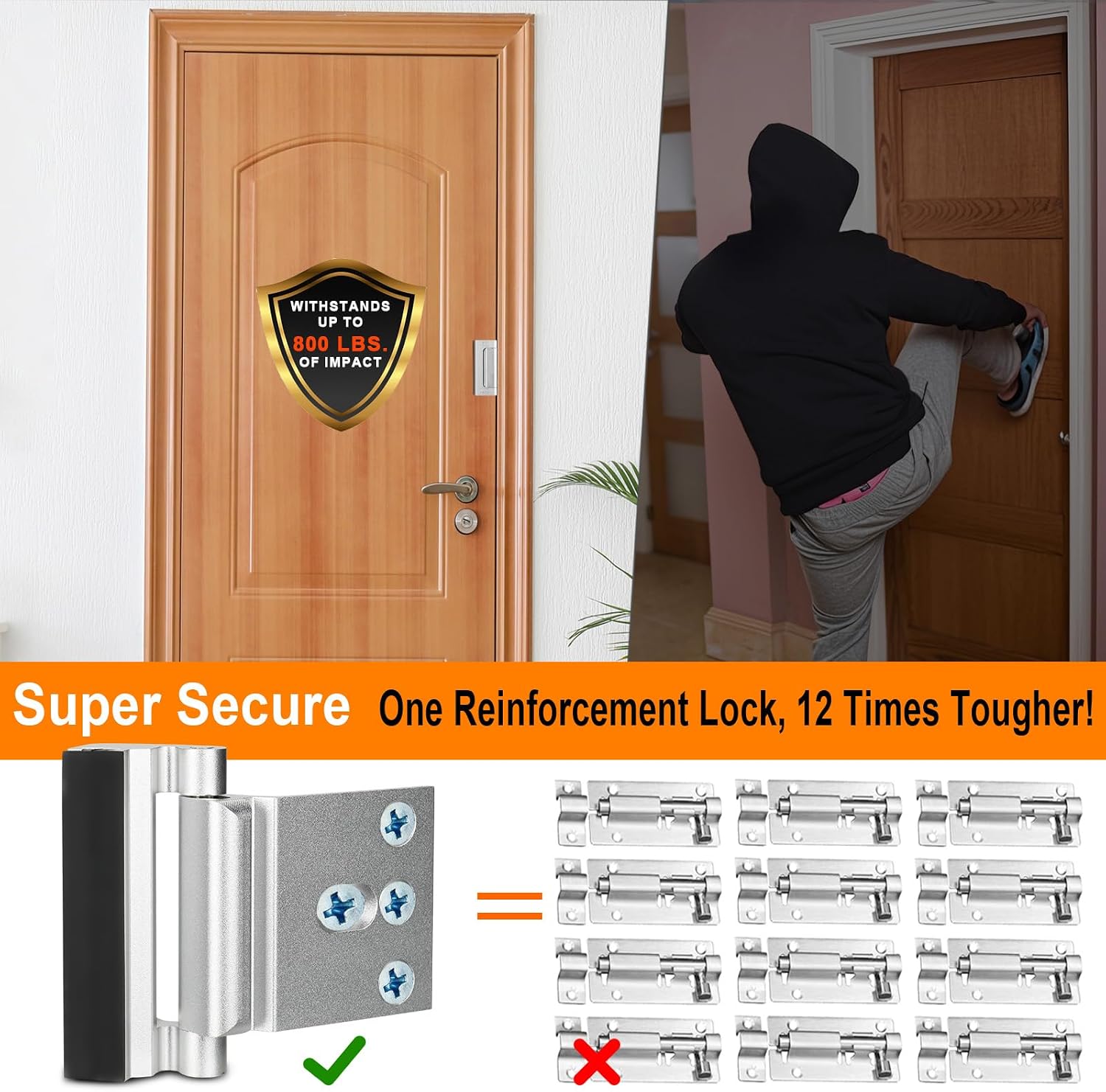 Home Security Door Reinforcement Lock, Upgraded Front Door Locks for Kids Safety Withstand 800 lbs, Child Proof Door Lock, Extra Door Lock from Inside Prevent Unauthorized Entry (2 Pack, White)