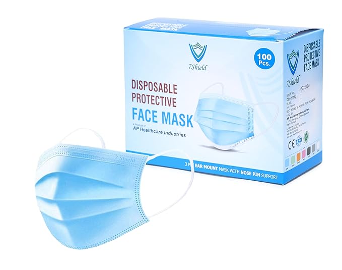 7Shield CE and ISO Certified with Extra soft ear loop and Inbuilt Plastic coated Nose pin disposable unisex mask soft Ear loop Surgical Mask, Water resistance