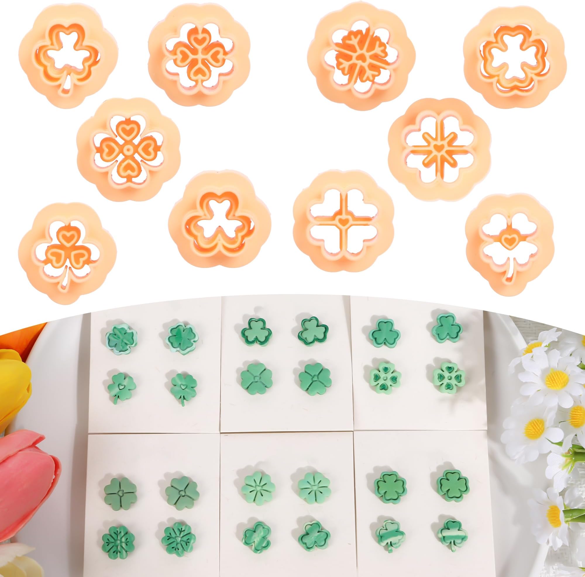 Puocaon Clover Polymer Clay Cutters - 10 Pcs St Patrick's Day Shamrock Clay Cutters for Polymer Clay Earrings Jewelry Making
