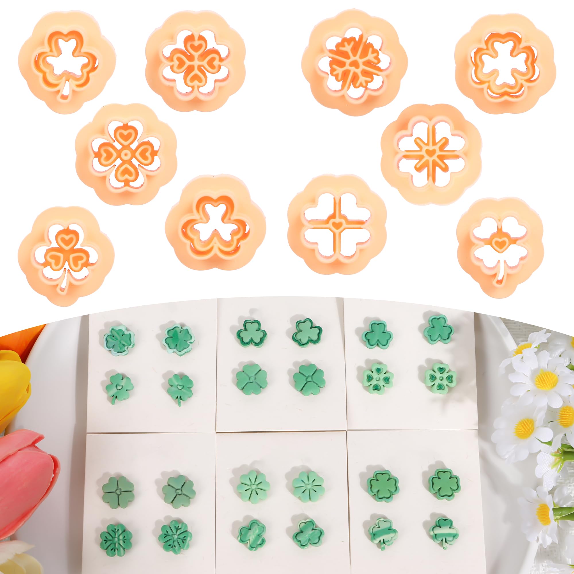 Puocaon Clover Polymer Clay Cutters - 10 Pcs St Patrick's Day Shamrock Clay Cutters for Polymer Clay Earrings Jewelry Making