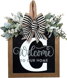 Initial Last Name Spring Door Wreath for Front Door, Welcome Sign Garland with Eucalyptus leaves and Bow Hanging Personalized Farmhouse Wreath for All Seasons Outside Hanger Decor Gifts(C)