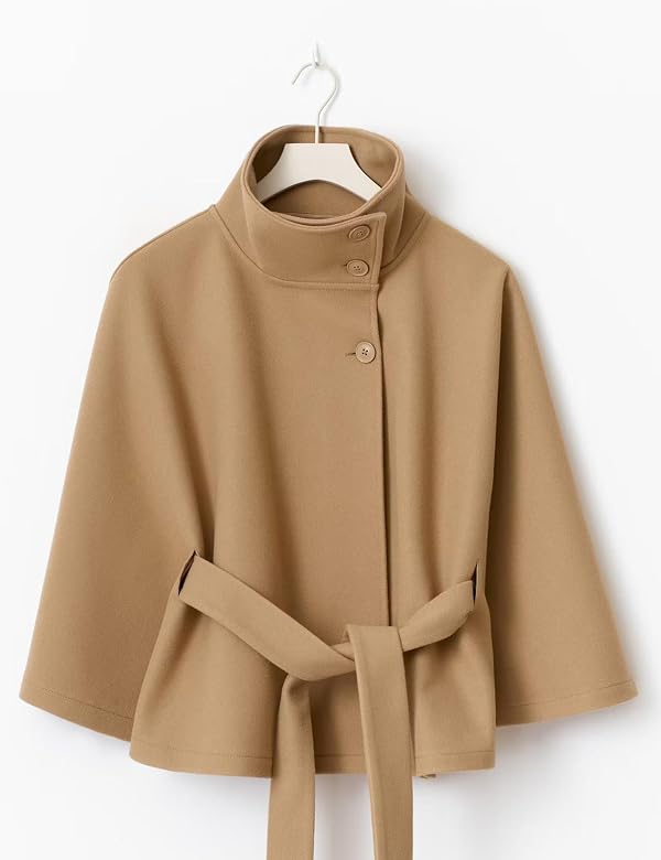 OPCAKM Women's Batwing Sleeve Poncho Coat Oversized Winter Pea Coat Stand Collar Cropped Cape Jacket with Belt(Khaki-S) by OPCAKM - Image 6