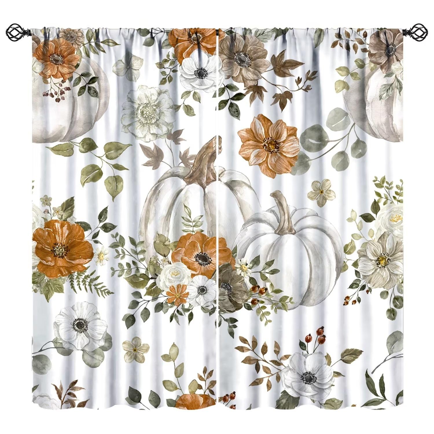 Autumn Pumpkins Curtains, Watercolor Rustic Fall Thanksgiving Harvest Floral Leaves Farmhouse Blackout Rod Pocket Window Drapes for Living Room Bedroom Decor W84xL84in