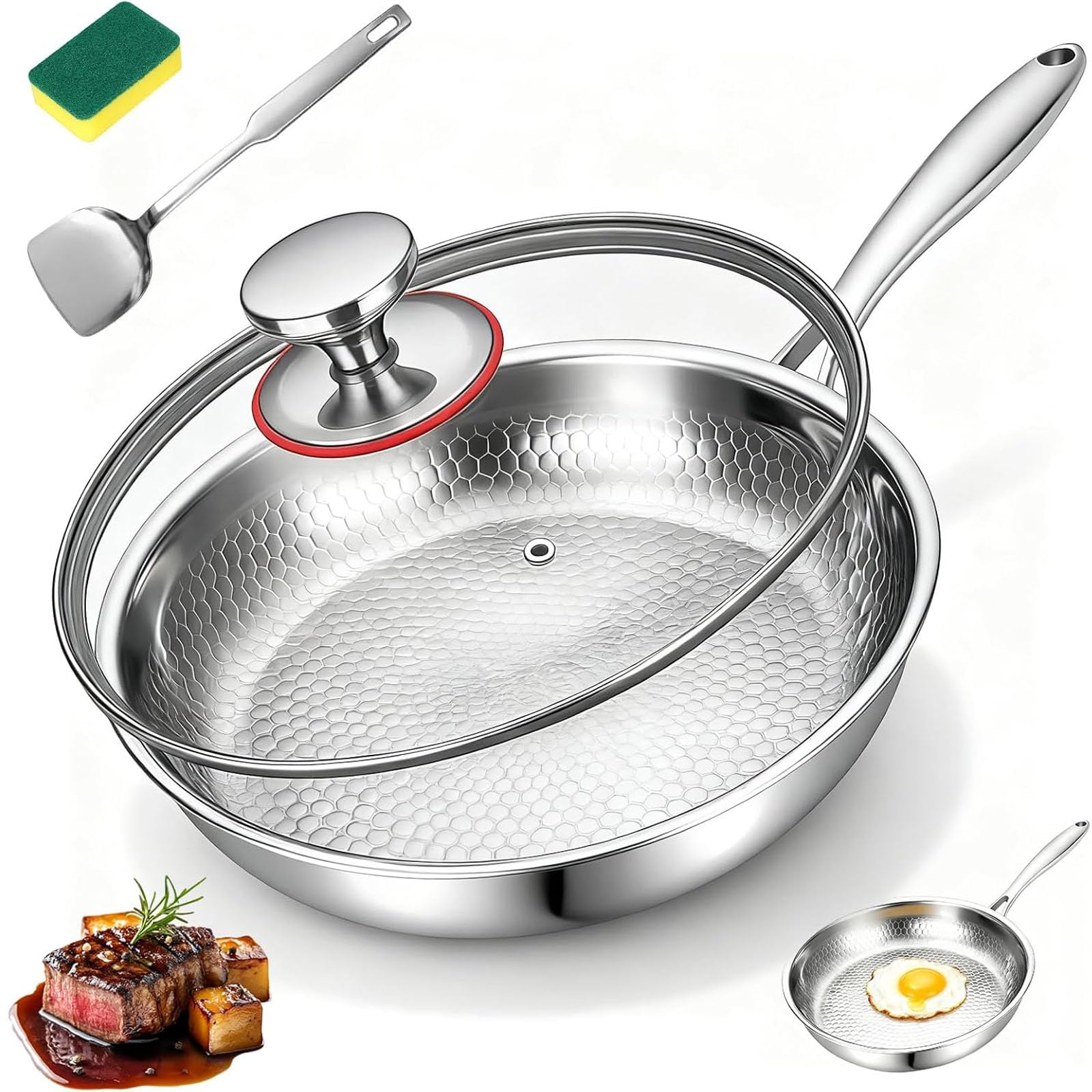 Mireve Sarten Acero 304, Mireve Sarten titanio, Sartén De Titanio Martillado, Resistente, Antiadherente, Apta Para Lavavajillas, Incluye Tapa Y Compatible Con Todas Las Placas (Con tapa, 28cm)