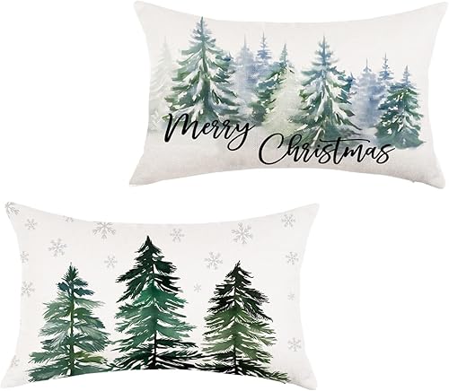 HOMFREEST Juego de 2 fundas de almohada con diseño de árbol de Navidad de 12 x 20 pulgadas, fundas de almohada de copo de nieve con diseño de bosque