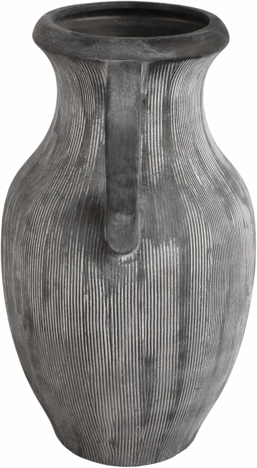 Textured Handled Jug Vase for Living Room Decor - Modern Home Display Accent with Ribbed Surface in Any Room - Sculptural Flower Vase for Bedroom, House, Office, and Table Styling - 15", Black