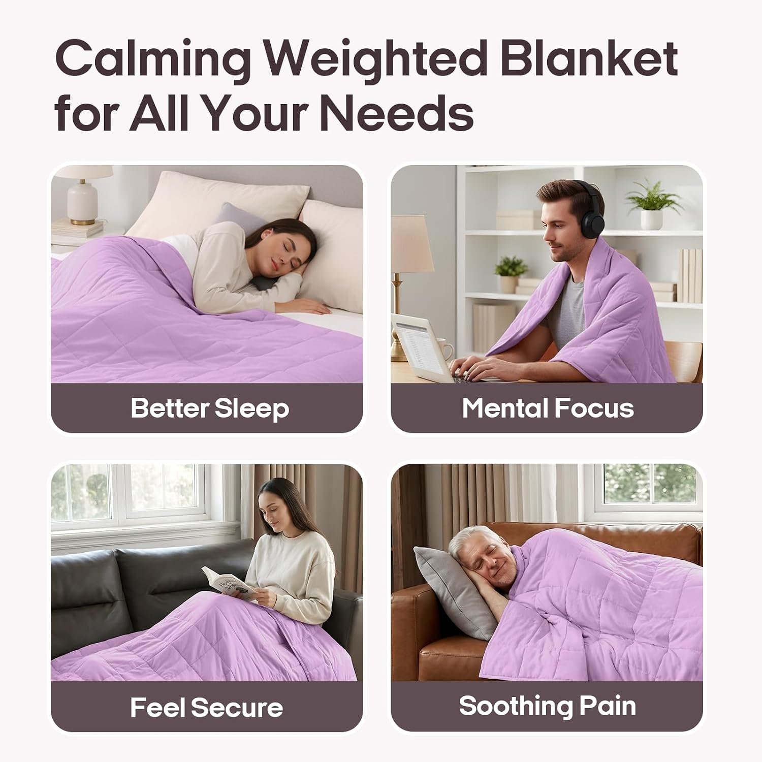 ZonLi Weighted Blanket for Adults (100% Cotton, 60"x80", 20lbs, Queen Size Light Purple) High Breathability Heavy Blanket, Soft Material with Premium Glass Beads, All-Season, Easy Care