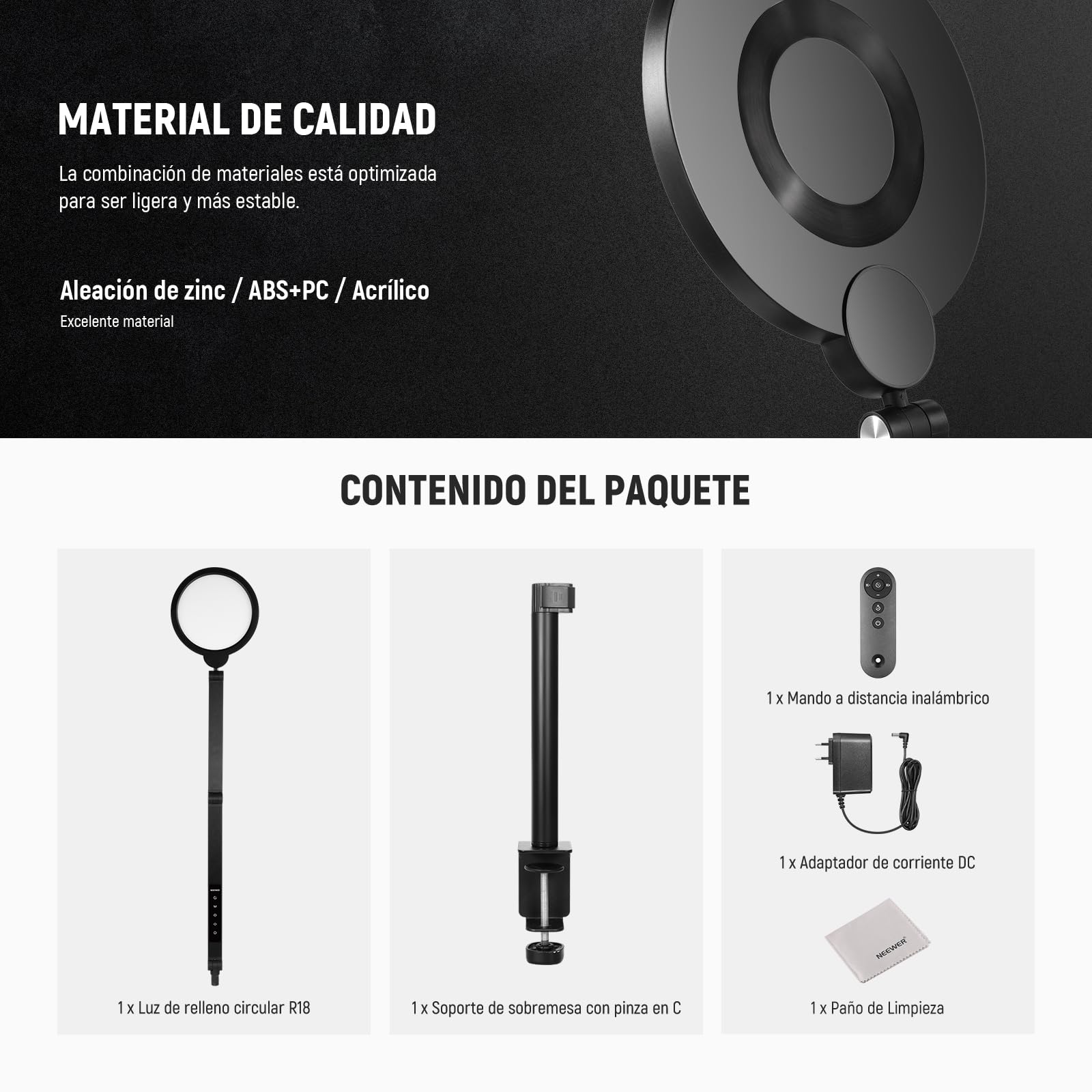 NEEWER 18W 7" Básico Aro de Luz Escritorio para Iluminación Videoconferencias Streaming, 3000-6500K Dimmable Luz Circular LED con Brazo Articulado y C Clamp para Teléfono/Computadora Zoom Call, R18
