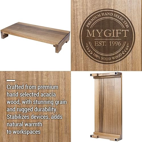 Miniatura 2 de MyGift Soporte de monitor de escritorio de madera maciza de acacia premium, elevador para laptop y almacenamiento de teclado, organizador de