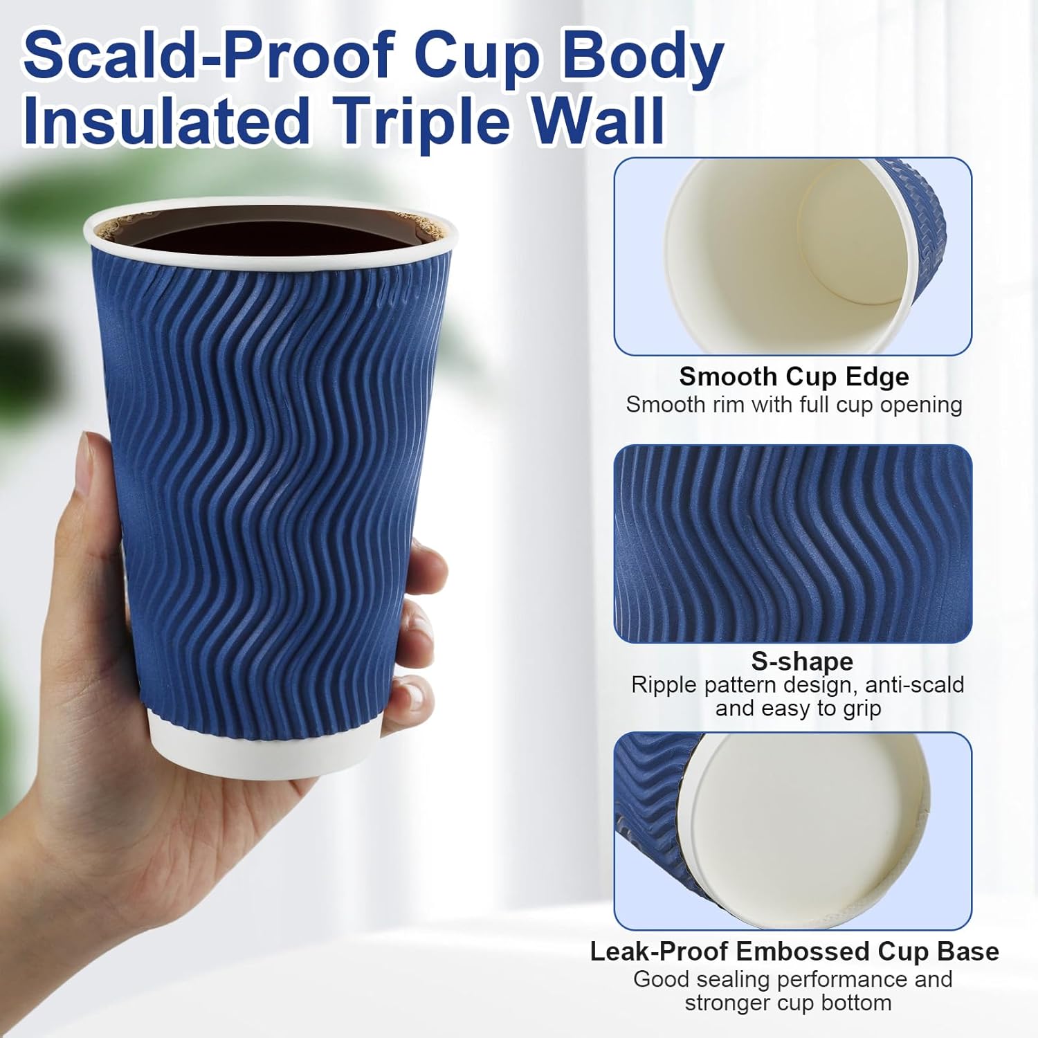 Coffee Cups, 100 Pack 16 oz Disposable Insulated Paper Cups, Corrugated Kraft Ripple Wall Cup Suitable for Hot and Cold Drinks - Image 3
