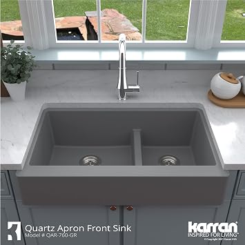 Karran QAR-760 Retrofit Farmhouse/Apron-Front Quartz Composite 34 in. Double Offset Bowl Kitchen Sink Kit in Grey