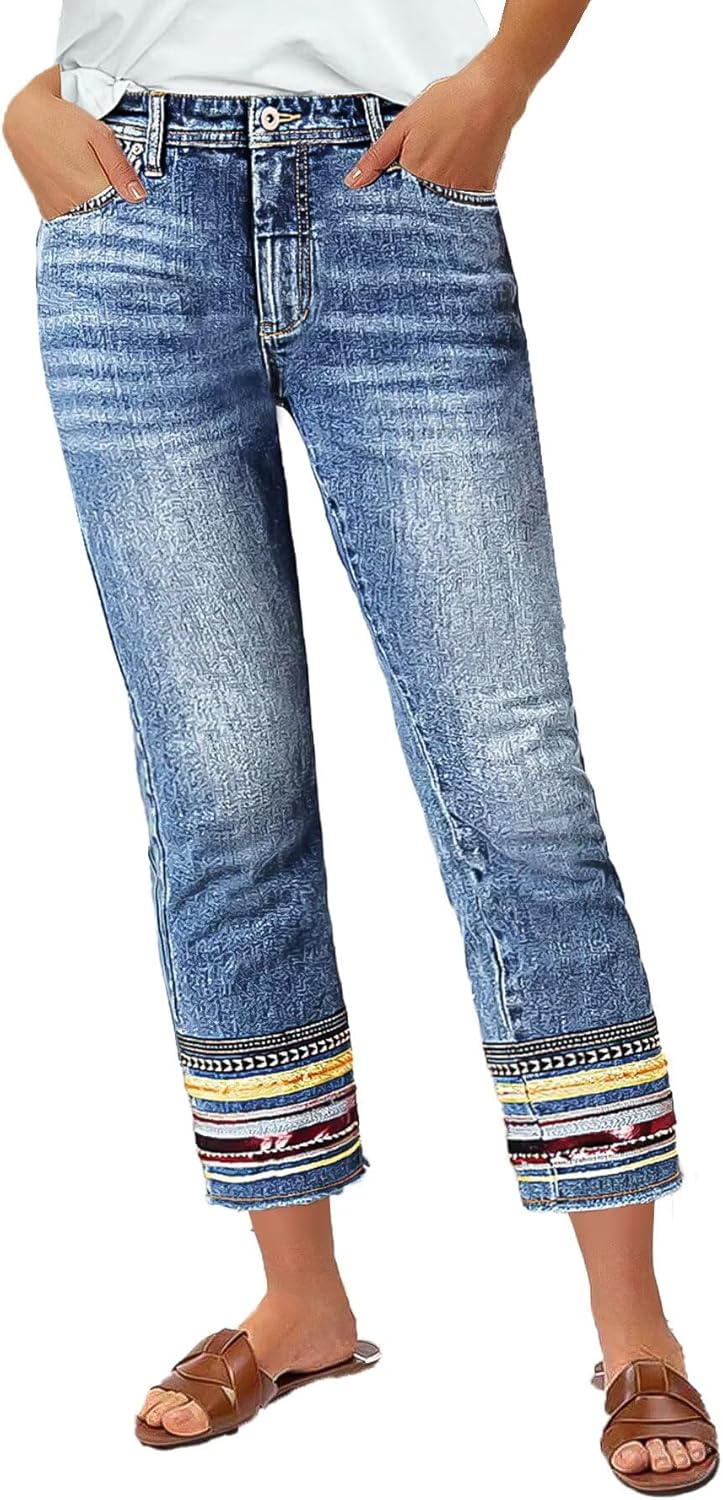 Flamingals Straight Leg Cropped Jeans for Women Trendy Mid Rise Stretchy Tribal Embroidery Raw Hem Ankle Jeans