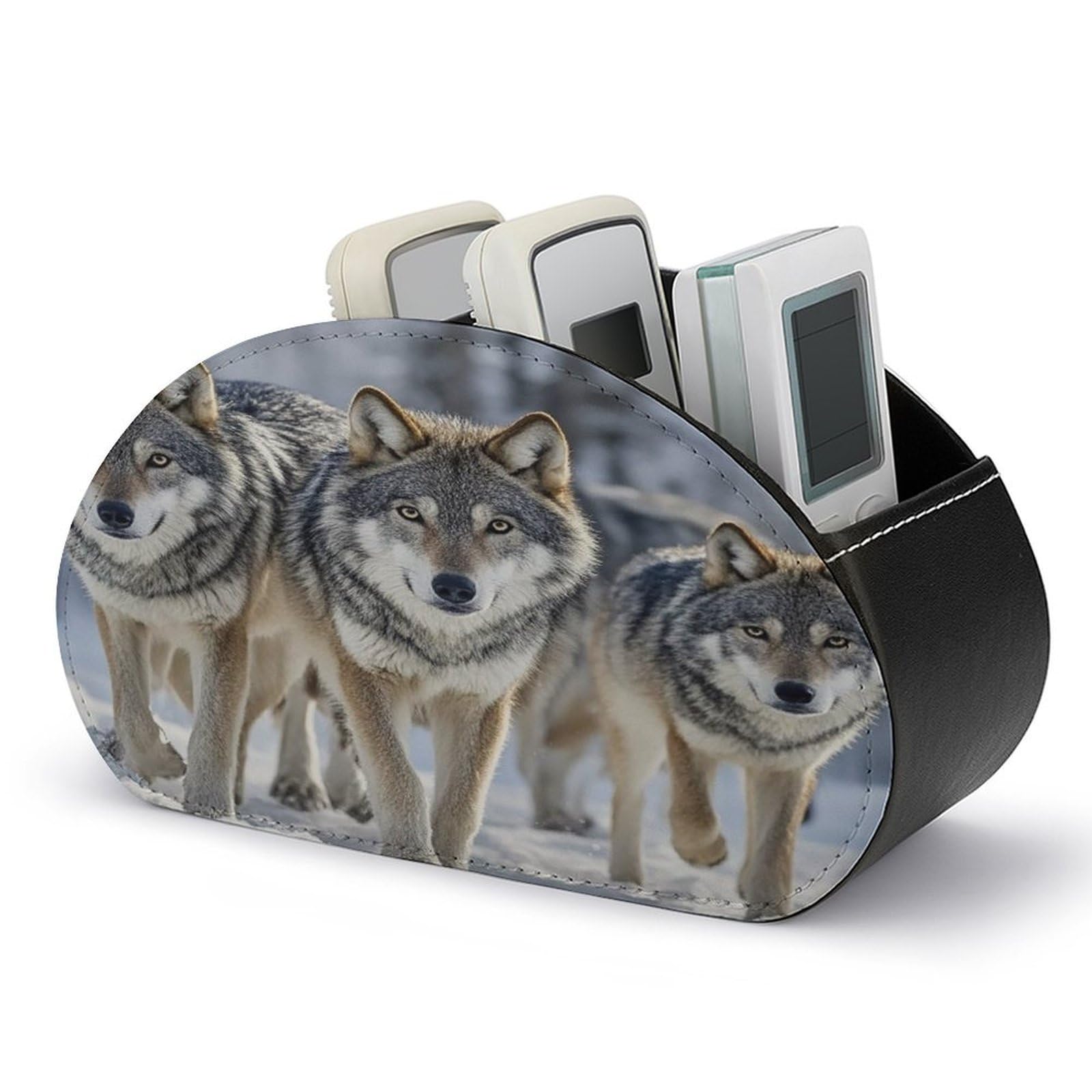 FekiLoot Pack of Wolves TV Remote Control Holder with 5 Compartments Multi-functional Leather Bedside Table Remote Caddy Desktop Storage Box for Store Pen Controller Media Player Cosmetic