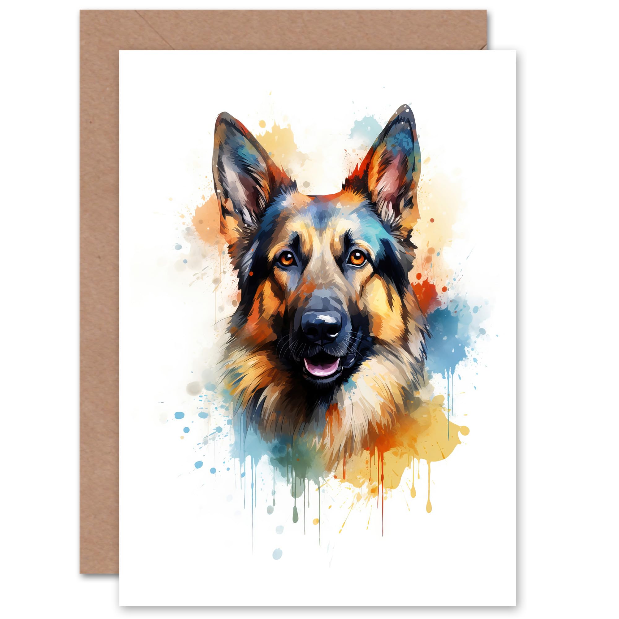 Artery8 German Shepherd Lovers Gift Watercolour Pet Portrait Painting Artwork Sealed Greeting Card Plus Envelope Blank inside