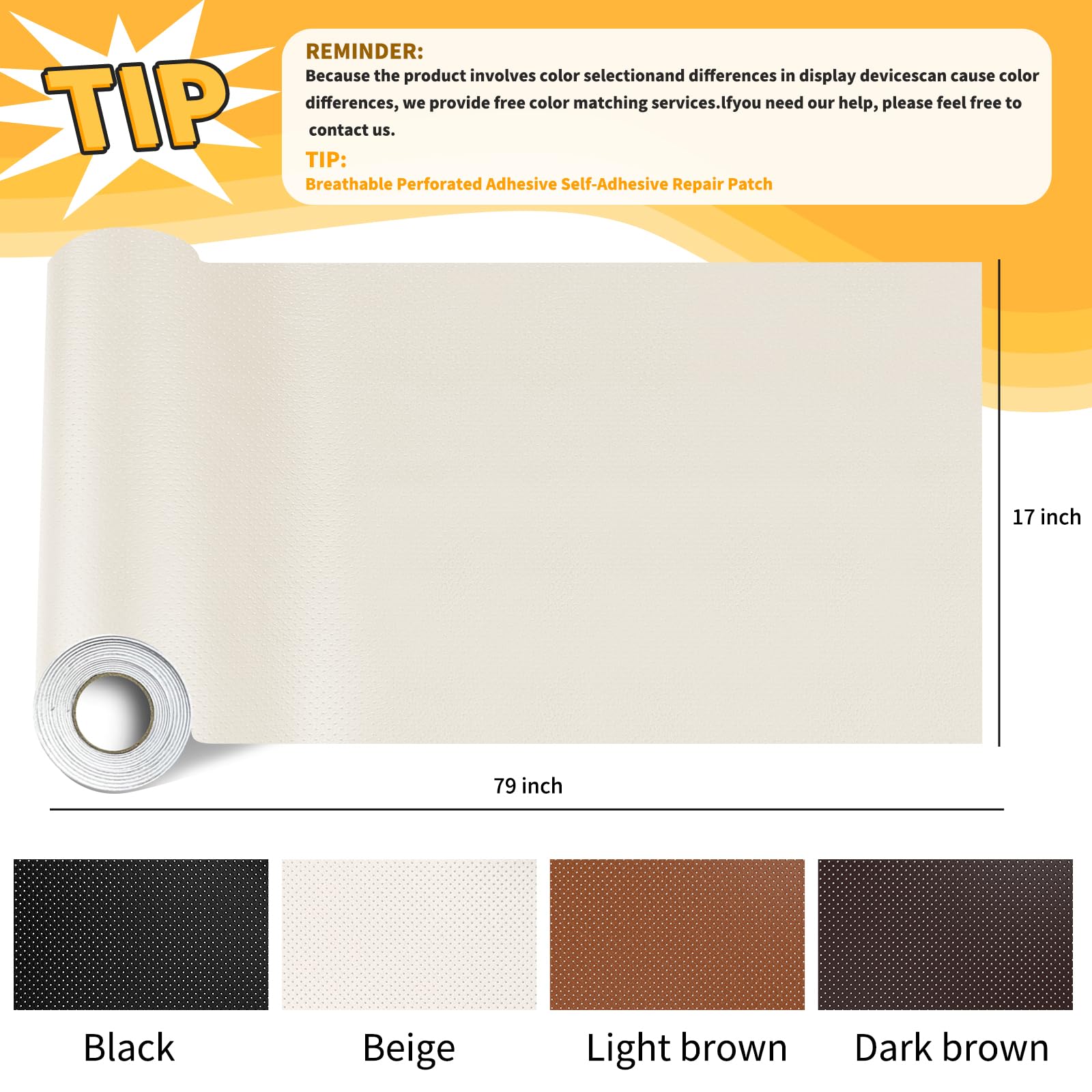 JuCheng Breathable Perforated Self-Adhesive Leather Repair Patch for Furniture, Couches, Car Seats, Office Chairs Faux Leather & Vinyl Repair Kit (Beige, 17x79inch)