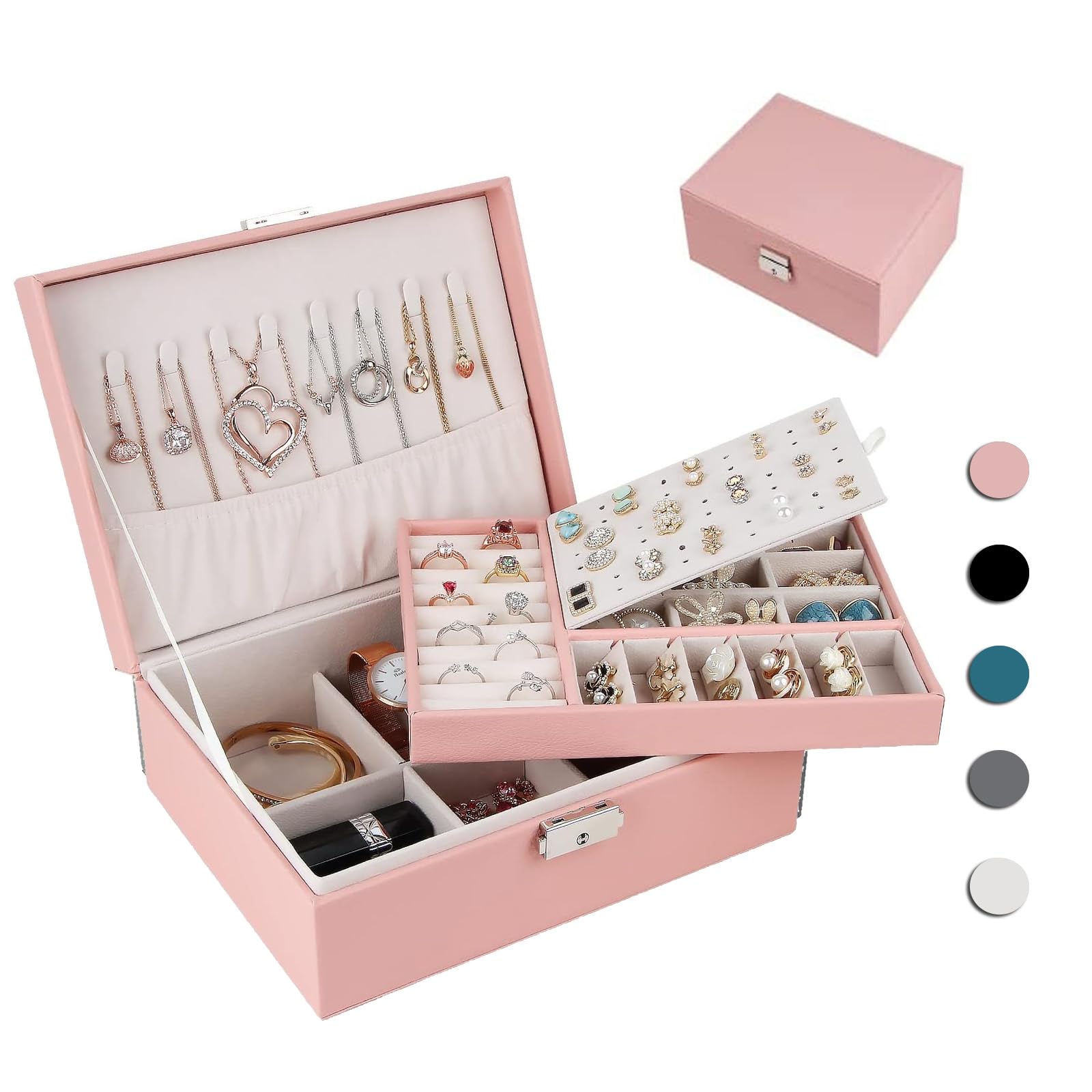Homtibrm Schmuckkasten, Schmuckkästchen mit 2 Ebenen, PU-Leder Schmuckbox Schmuckschatulle Groß Schmuck Organizer für Ringe Ohrringe Armbänder Halsketten, Grün