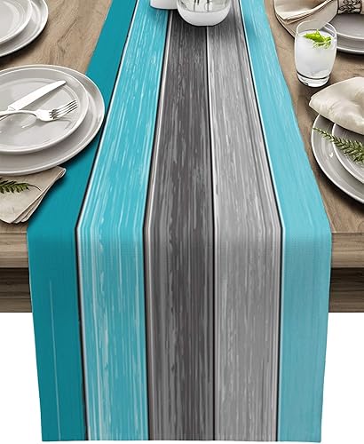 Miniatura 355 de Camino de mesa de algodón y lino estilo granja rústico retro, textura de madera de granero, color degradado marrón y gris, antideslizante,