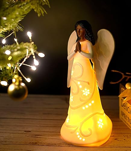 Miniatura 5 de Figura de ángel rezando iluminada con luz LED, figura de ángel guardián de porcelana fina de 9.5 pulgadas, decoración navideña serena y encantadora,