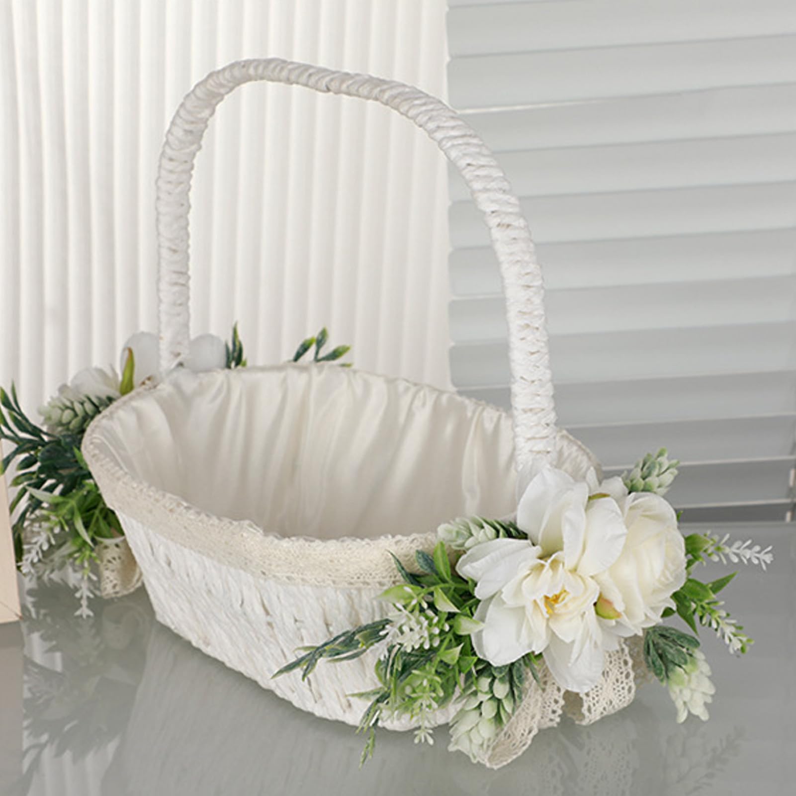 Cesto per Damigella di Fiori, Cestini Bianchi con Fiocco e Manico Pieghevole per Matrimoni e Pasqua