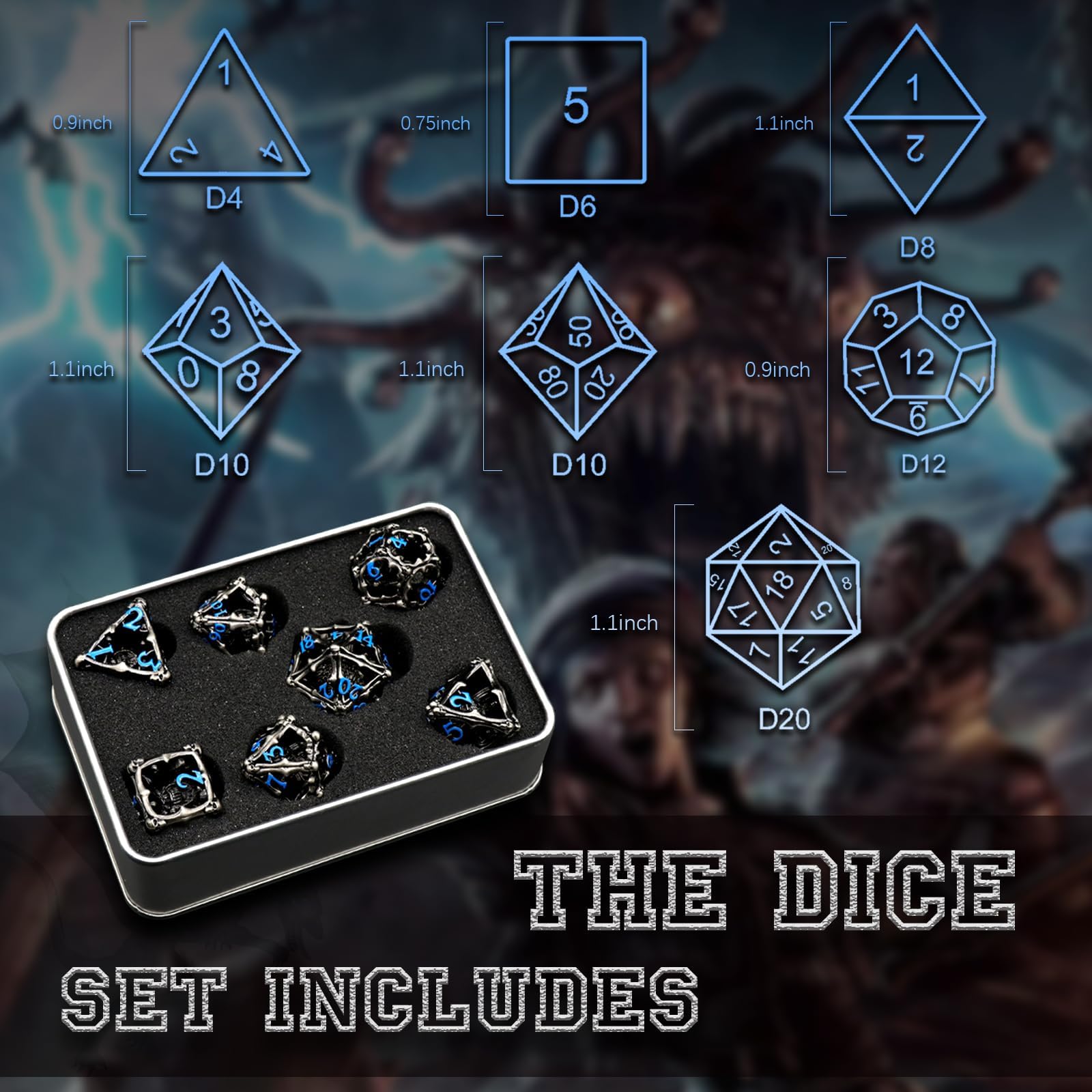 Beholder - Juego de dados DND, dados de metal de monstruo de ojos, ZHOORQI 7 piezas por juego de dados poliédricos para dados de mazmorras y dragones, dados RPG, dados de regalo D&D (ojo azul) — view 5