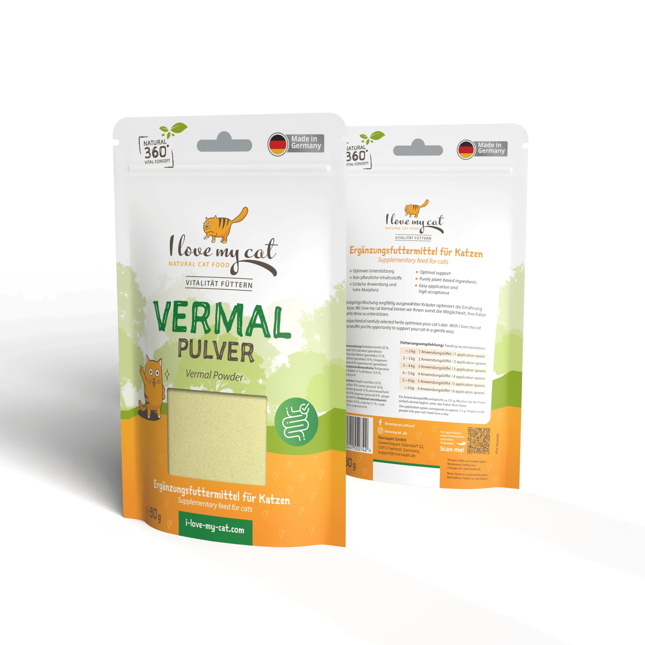 I Love My cat Vermal Pulver - Ergänzungsfuttermittel für Katzen mit Kokosmehl und Kürbiskernen – 80 g