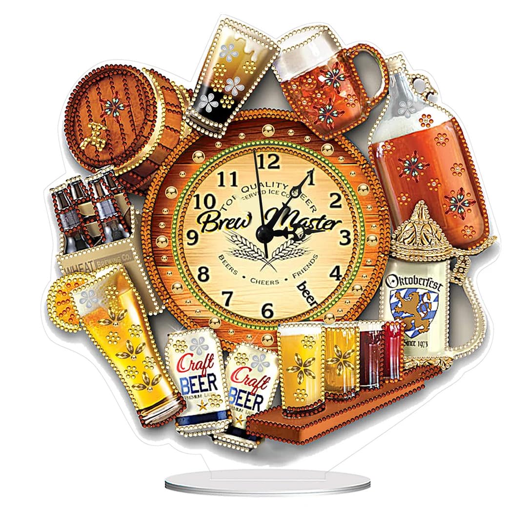 ENCOMAG DIY 5D Diamond Painting Clock Desktop Ornament Kits for Adults Silent Non Ticking Clock Diamond Art Wall Clock Rhinestone Painting Mosaic Art Crafts Home Wall Office School Decor (Beer)