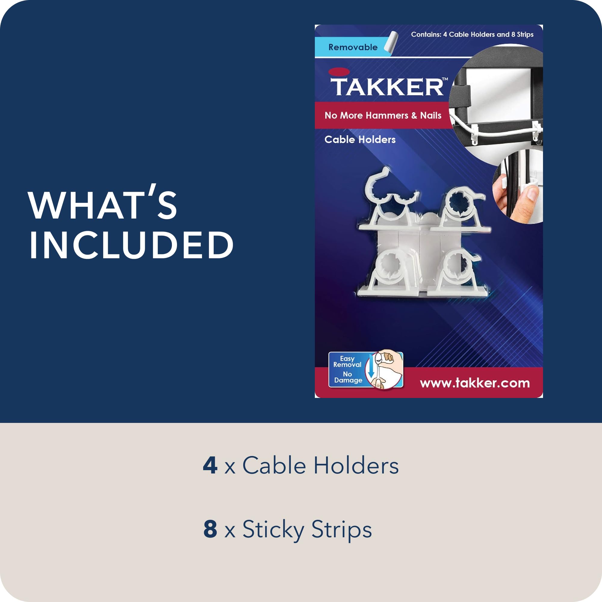 Takker - 4 x Cable Holder Tidy with 8 x Sticky Strips | Cable Hooks, Strong Adhesive, Easy Application, Damage-Free Removal, Re-Useable, No Sticky Residue, for Home, Bathroom, Kitchen, Walls — Amazon image 7