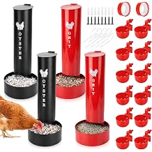 2 Chicken Oyster Shell Feeder and 2 Grit Feeder and 12 Automatic Chicken Waterer Cup, Metal Hanging Poultry Feeders and Plastic Poultry Water Cup, Coop Accessories, Black+Red