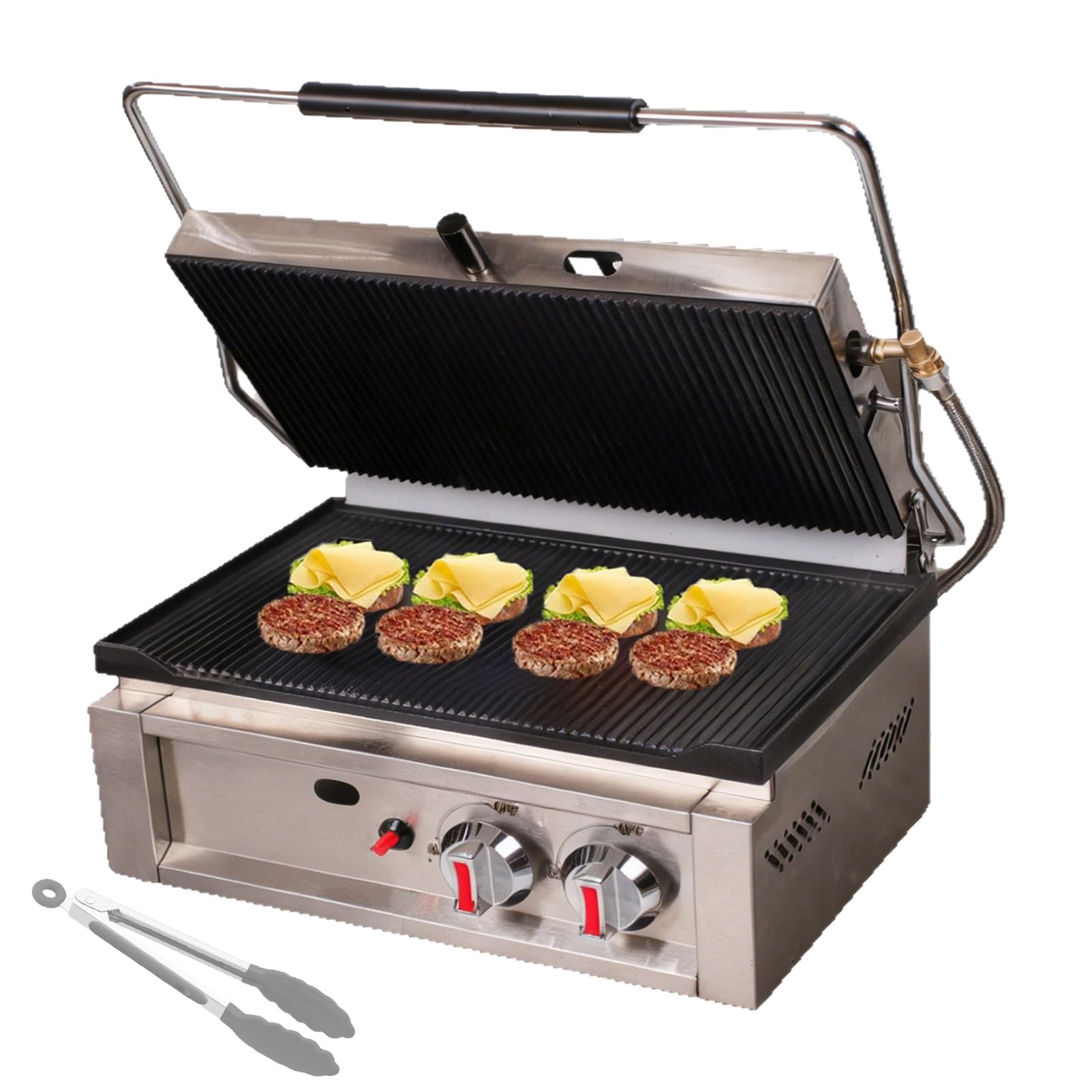 Parrilla EléCtrica De Contacto,Grill/Plancha Panini Y Sandwichera Profesional, Placas Acanaladas De Hierro Fundido Esmaltado,3000w, Acero Inoxidable ElectricHeating