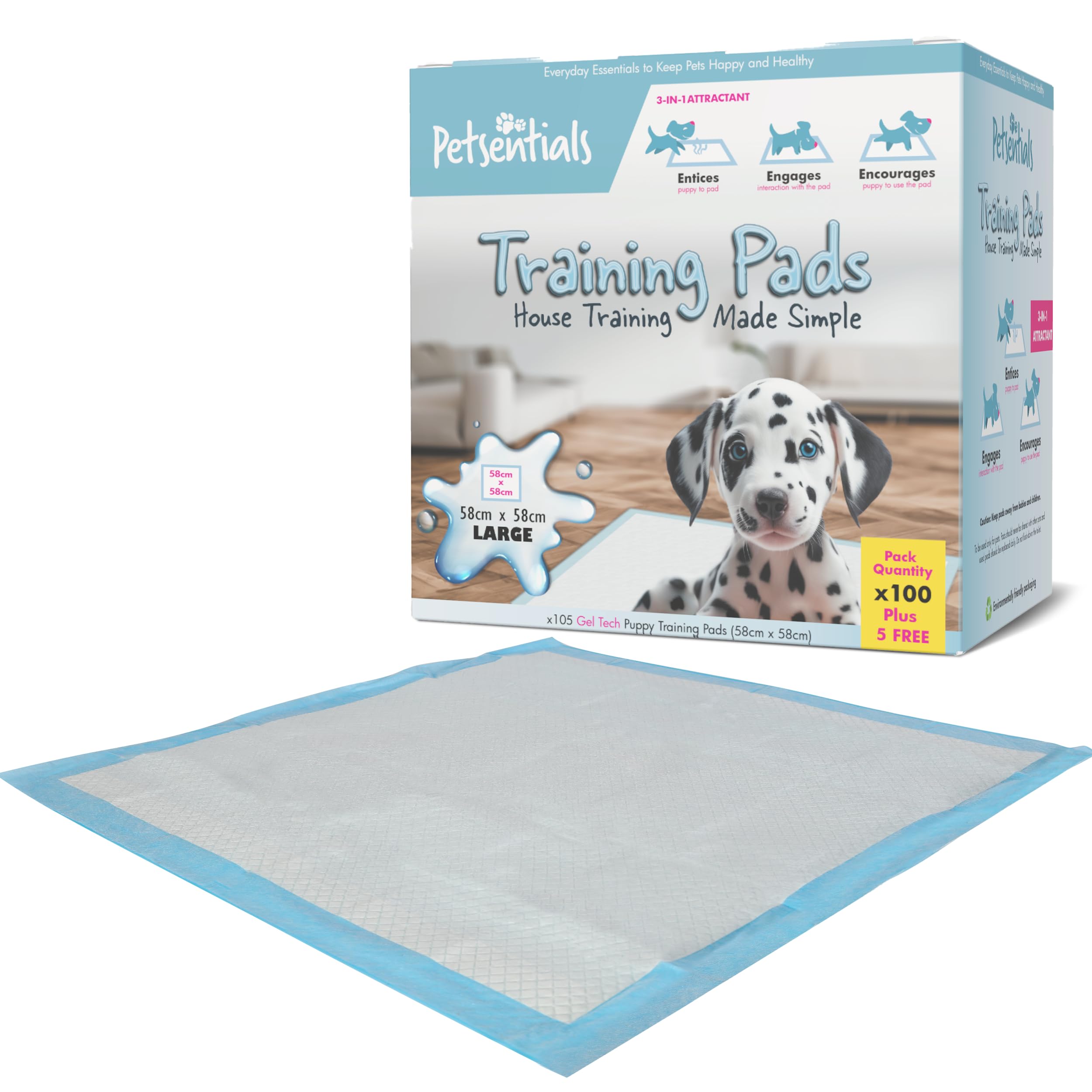 Petsentials Puppy Training Pads 105 Pack – Super Absorbent 5-Layer Disposable Dog Pee Pads, Leakproof Quick Dry Toilet Training Mats with Odour Locking Technology | 58 x 58 cm