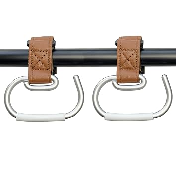2 Pcs Stroller Hooks, Mommy Stroller Clip and Stroller Accessories Organizer Hook, Brushed Aluminum Hook for Strollers/Walkers/Mobility Scooter/Wheelchair/RollatorBrown