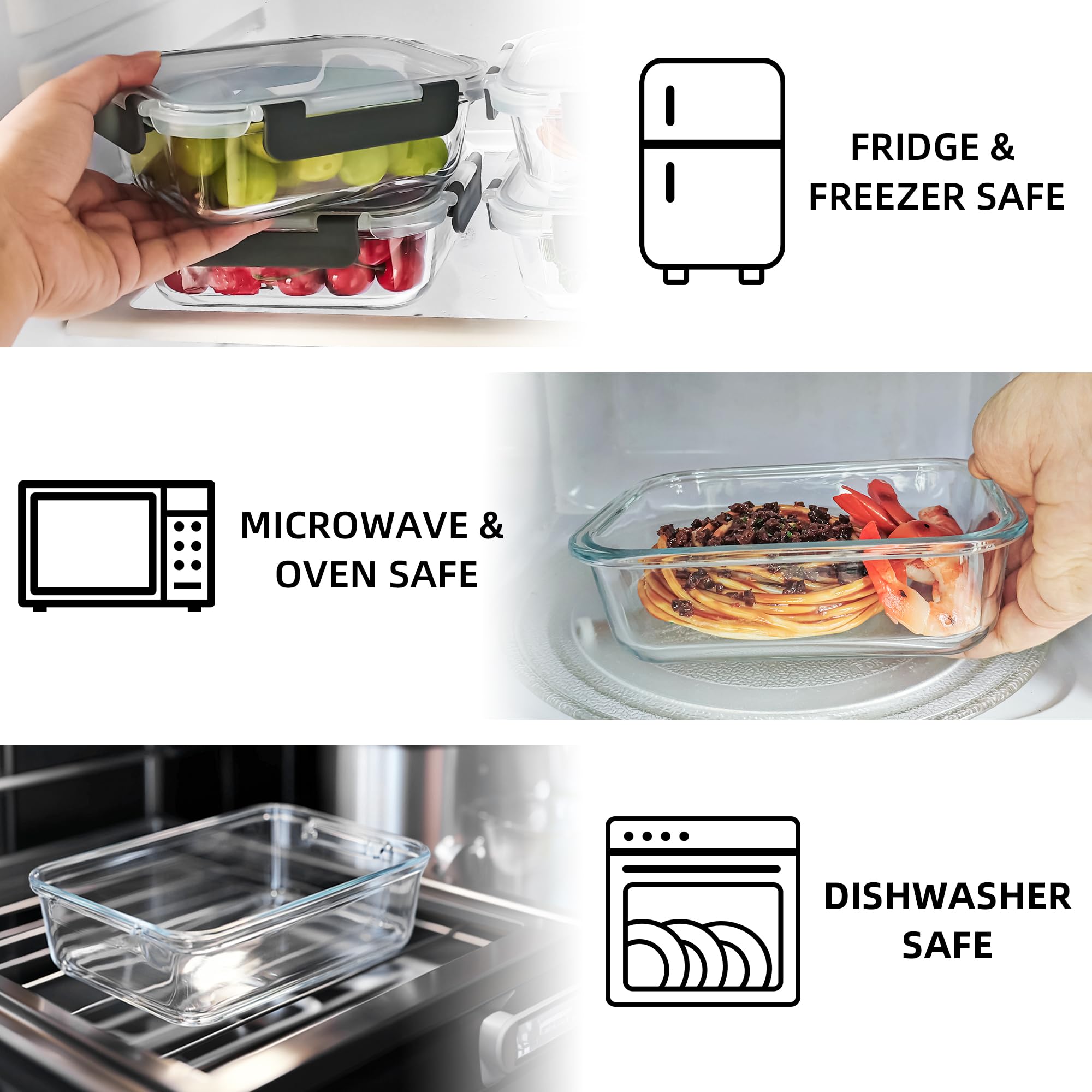 10 Stück 625 ml Glasbehälter für Mahlzeiten, Frischhaltedosen mit Deckel | Luftdichte, auslaufsichere Lunchbehälter für Küche, Gefrierschrank, Mikrowelle, spülmaschinenfest (Grau)