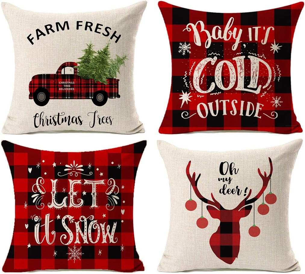 Kithomer Set of 4 Christmas Decorations Pillow Covers Christmas Buffalo Plaid Farmhouse Decor Throw Pillow Cases Retro Truck Cushion Cover 18 x 18 Inch Home Decoration