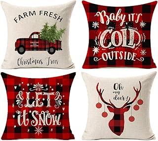 Kithomer Set of 4 Christmas Decorations Pillow Covers Christmas Buffalo Plaid Farmhouse Decor Throw Pillow Cases Retro Truck Cushion Cover 18 x 18 Inch Home Decoration