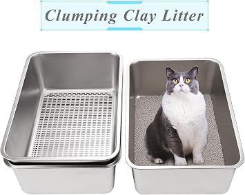 8 Sifting Cat Litter Box for Clumping Clay & Pine Pellets