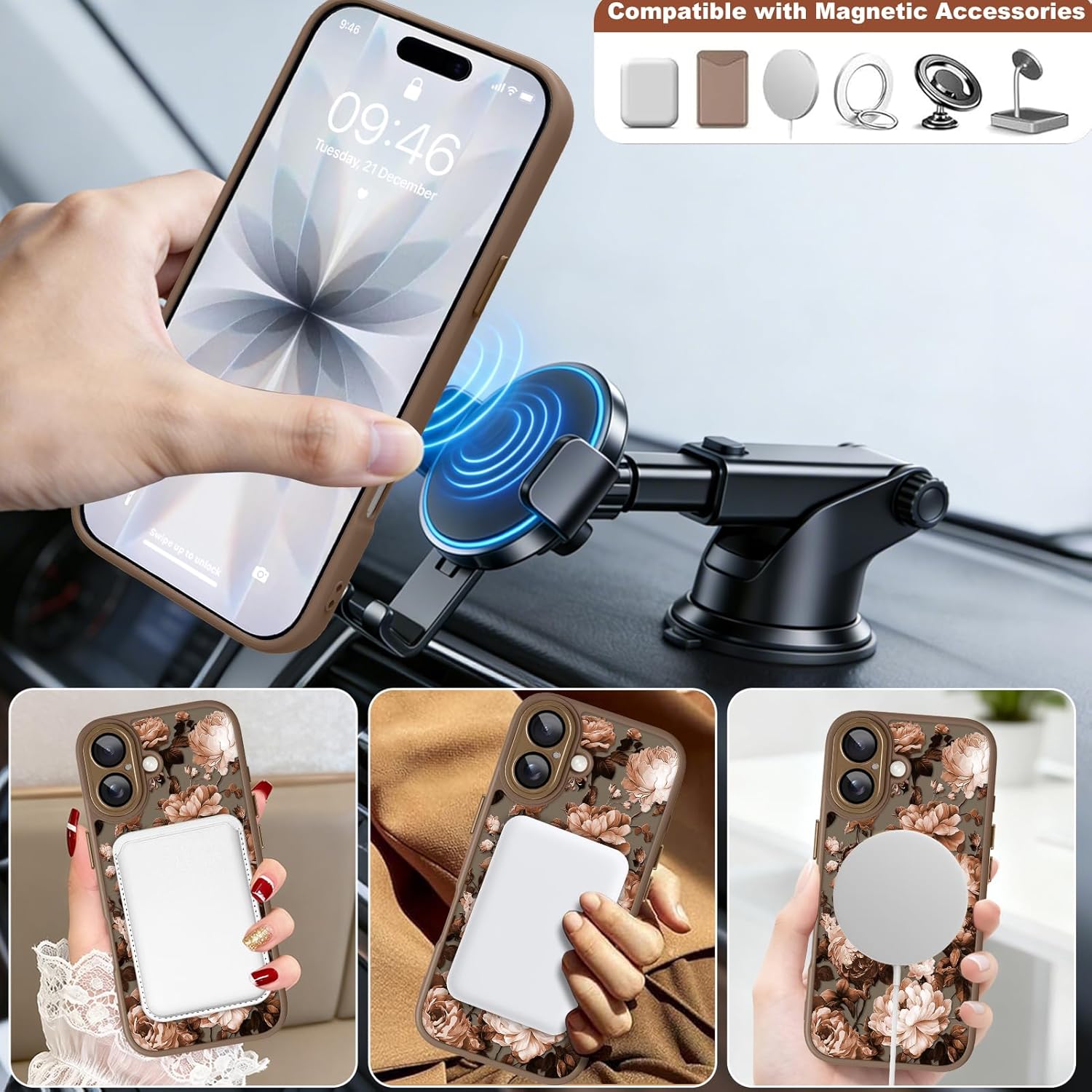 Magnetic for iPhone 17 Case, Compatible with Magsafe, Pretty Rose Peony Floral Pattern for Women Girls, Full Camera Protection, Translucent Matte Phone Cover, Brown