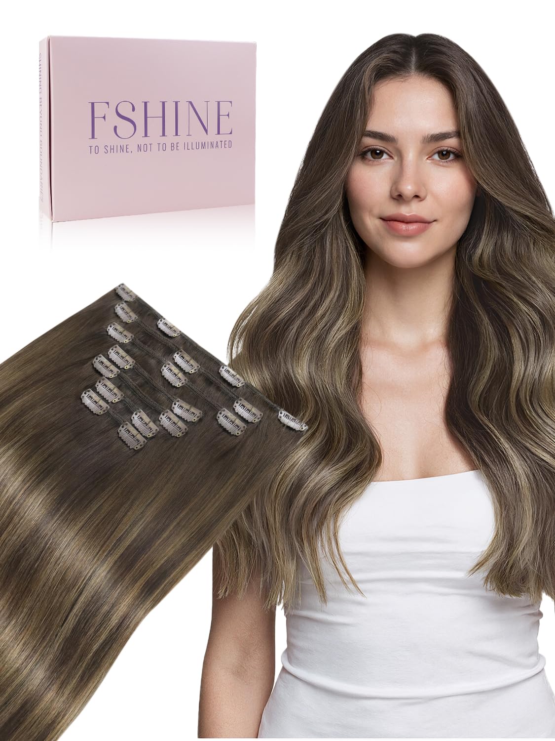 Fshine Capelli Veri Clip 60.9cm 120g Capelli Veri Lisci 7 Pezzi Extension Clip Double Weft Hair Colore 4 Castano Medio Con 27 Biondo Balayage 4 Marrone Medio Extension Umani